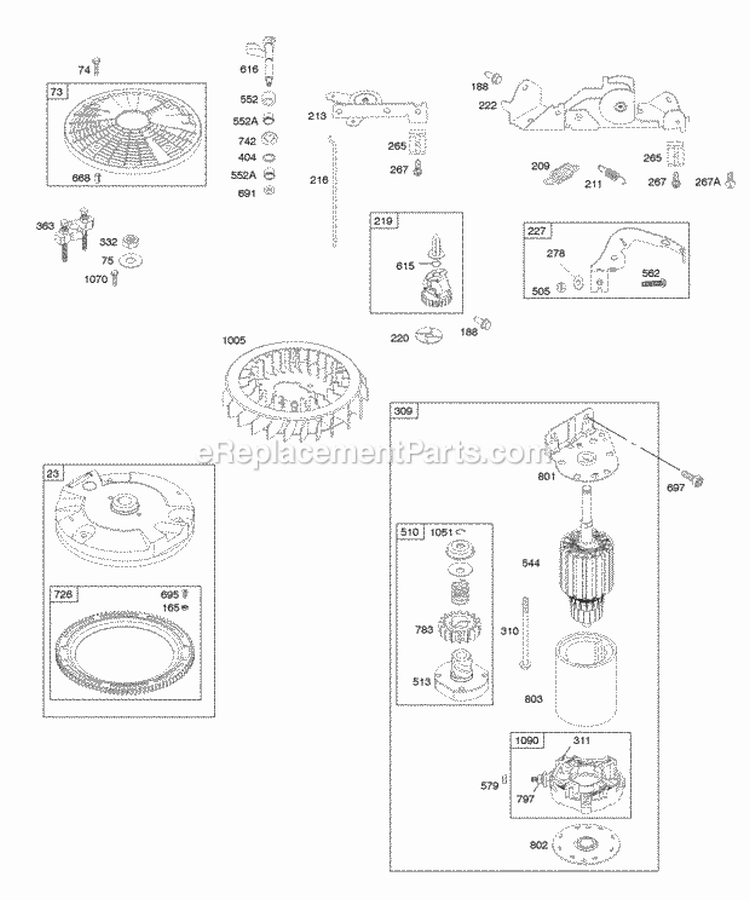 Controls Electric Starter Flywheel Diagram and Parts List for 44H777-0113-E1  Briggs and Stratton Engine